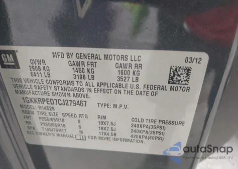 2012 GMC Acadia Sle z USA, uszkodzony, nr VIN 1GKKRPED7CJ279467